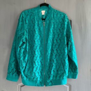 Chico’s stunning teal green lace bomber jacket dressy size XL